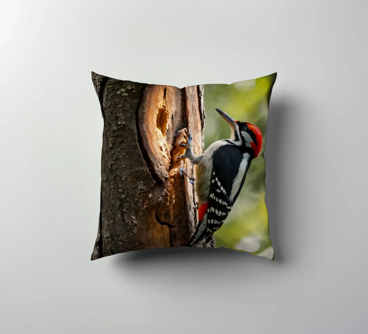 Picchio in cerca di cibo su un tronco d'albero in una foresta rigogliosa cuscino da DesignDoodle