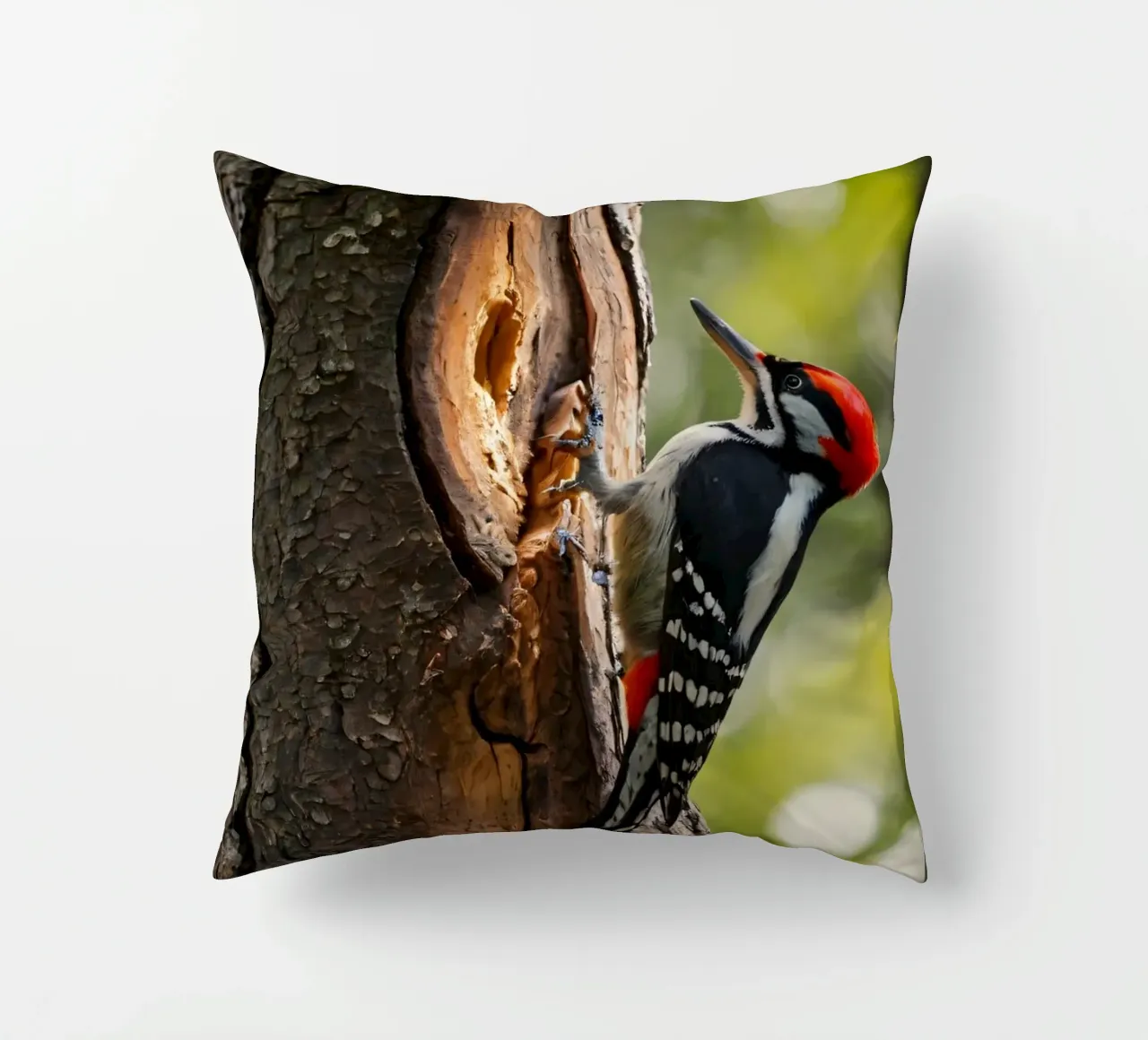 Picchio in cerca di cibo su un tronco d'albero in una foresta rigogliosa cuscino da DesignDoodle