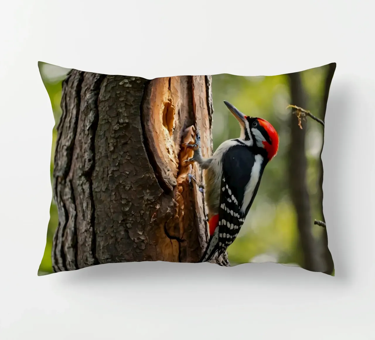 Picchio in cerca di cibo su un tronco d'albero in una foresta rigogliosa cuscino da DesignDoodle