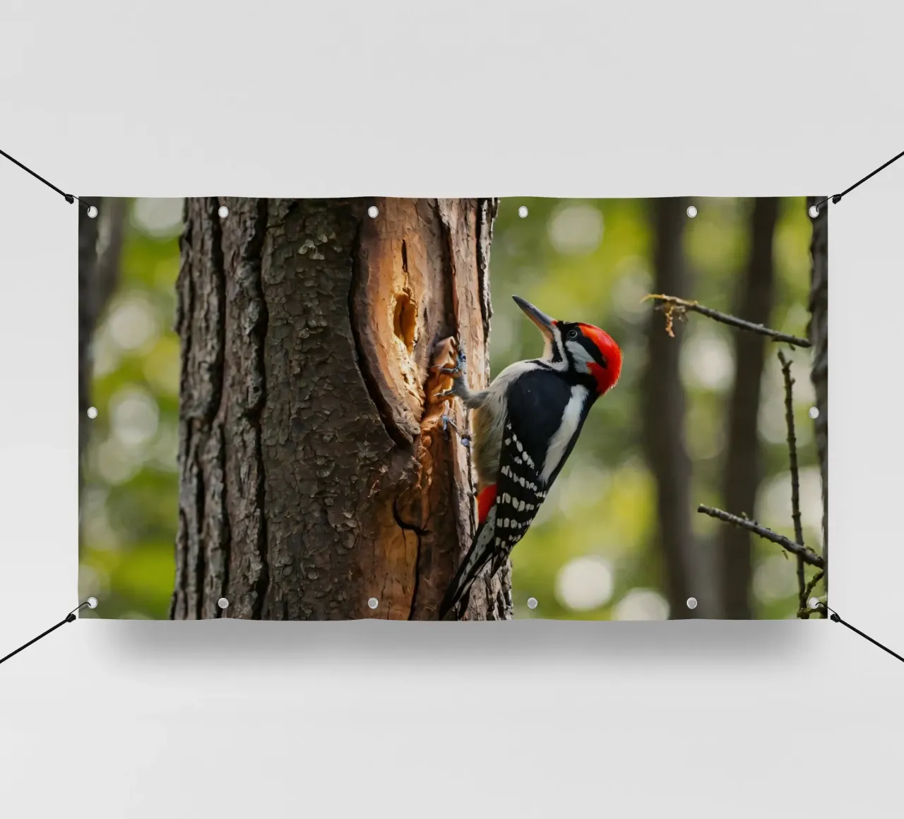 Picchio in cerca di cibo su un tronco d'albero in una foresta rigogliosa telo in pvc da DesignDoodle