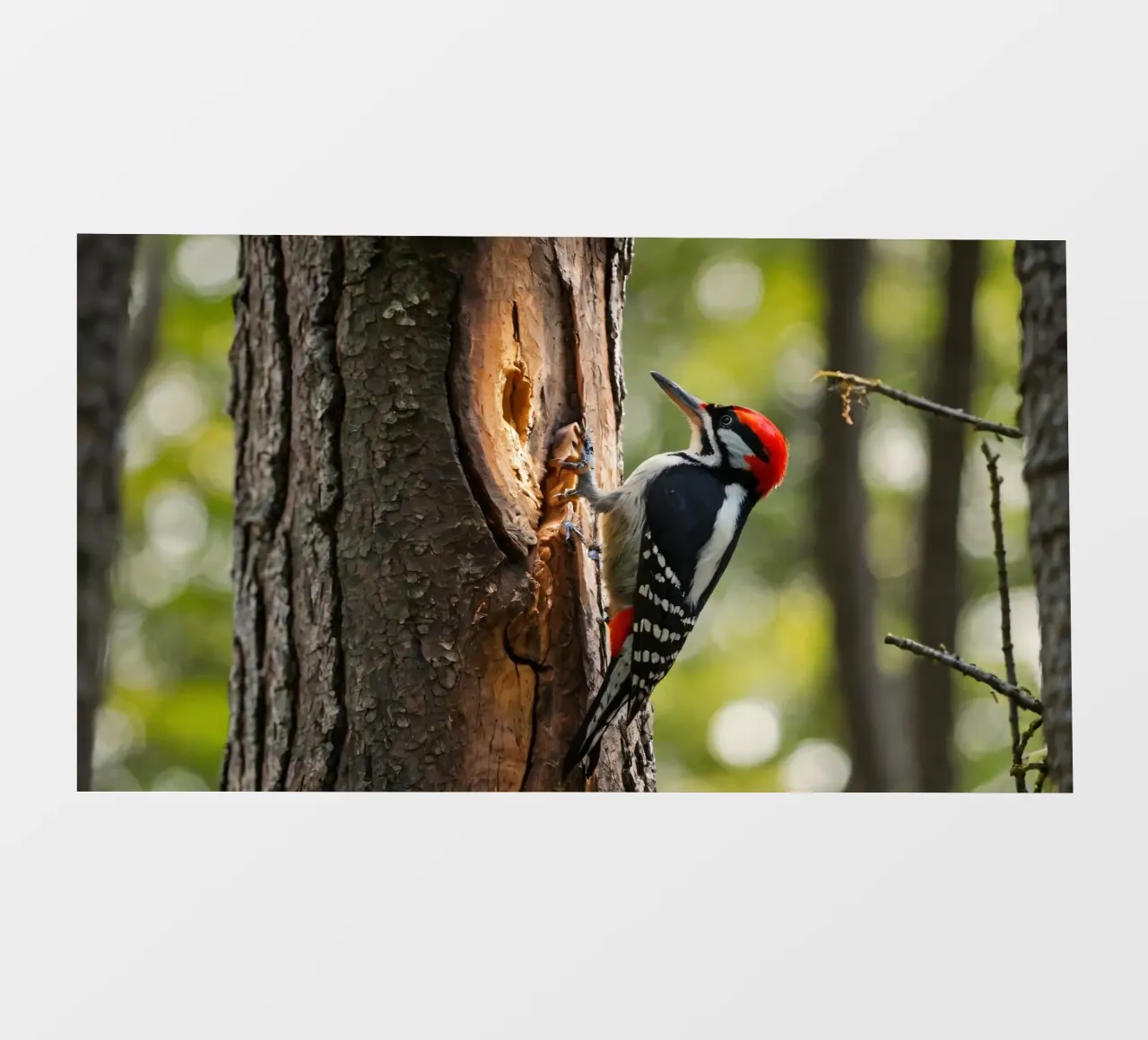 Picchio in cerca di cibo su un tronco d'albero in una foresta rigogliosa telo in pvc da DesignDoodle