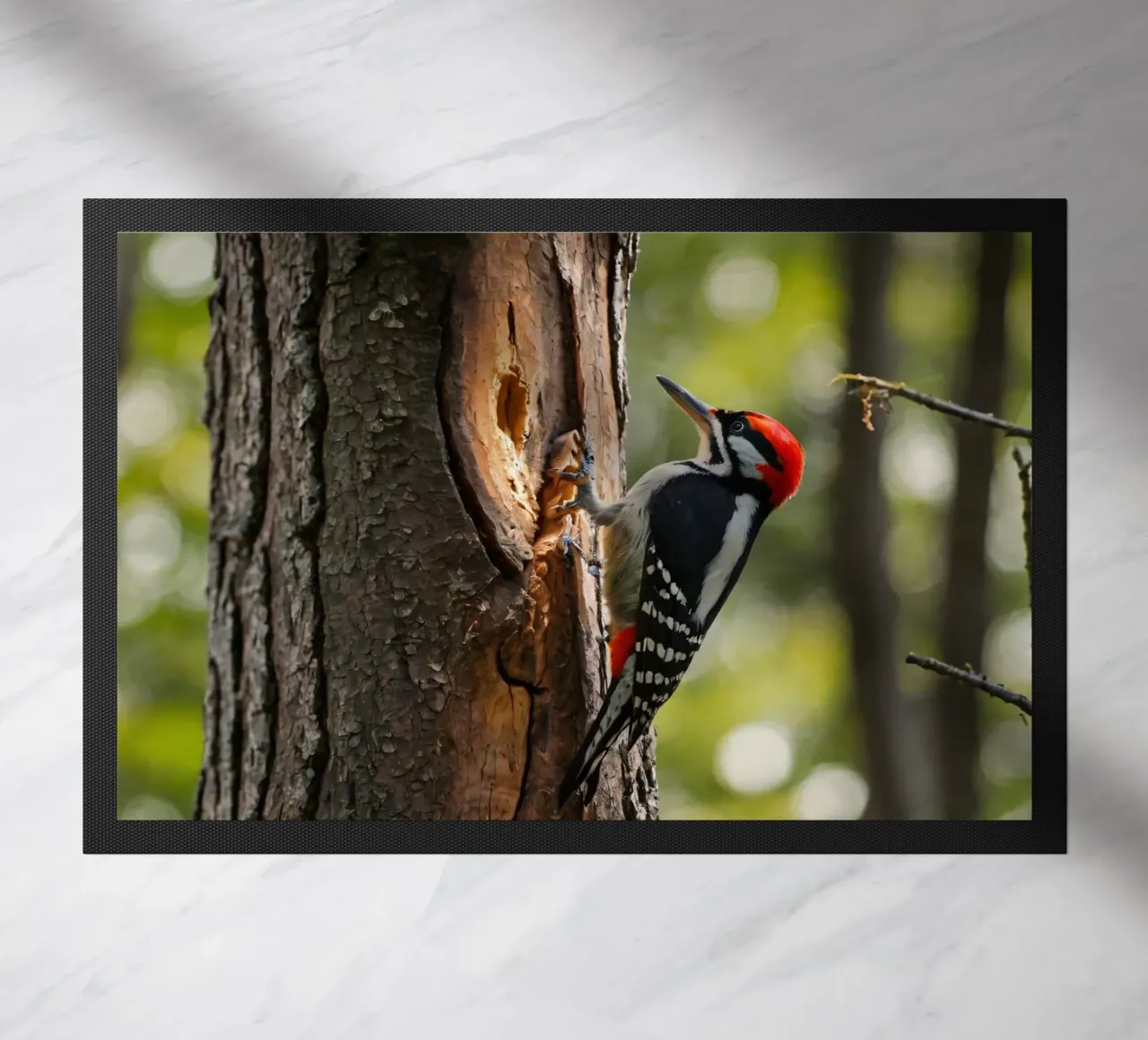 Picchio in cerca di cibo su un tronco d'albero in una foresta rigogliosa zerbino da DesignDoodle
