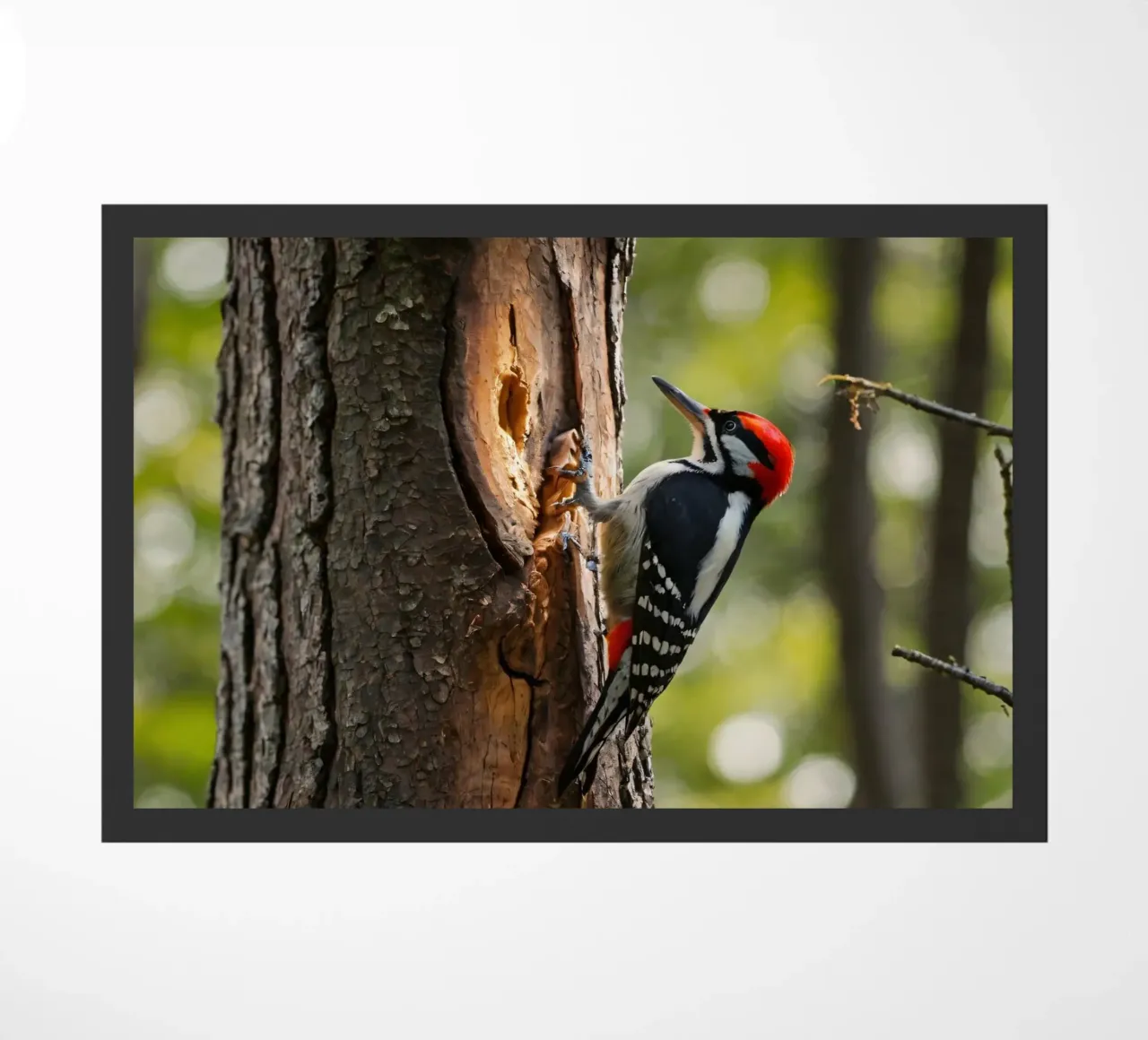 Picchio in cerca di cibo su un tronco d'albero in una foresta rigogliosa zerbino da DesignDoodle