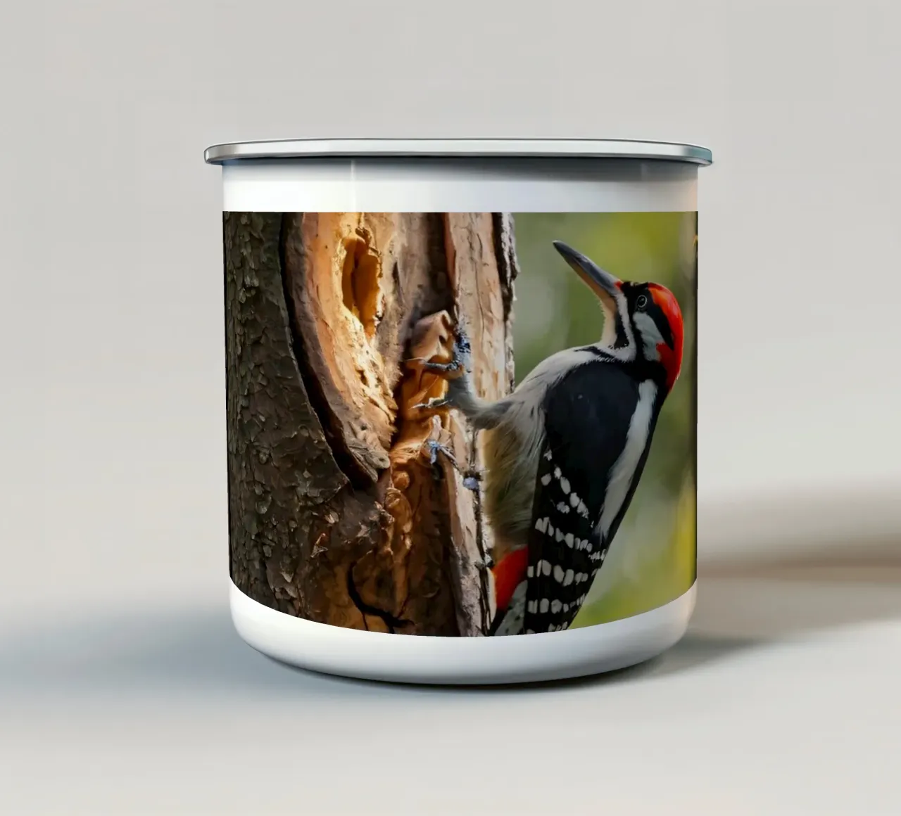 Picchio in cerca di cibo su un tronco d'albero in una foresta rigogliosa tazza in smalto da DesignDoodle