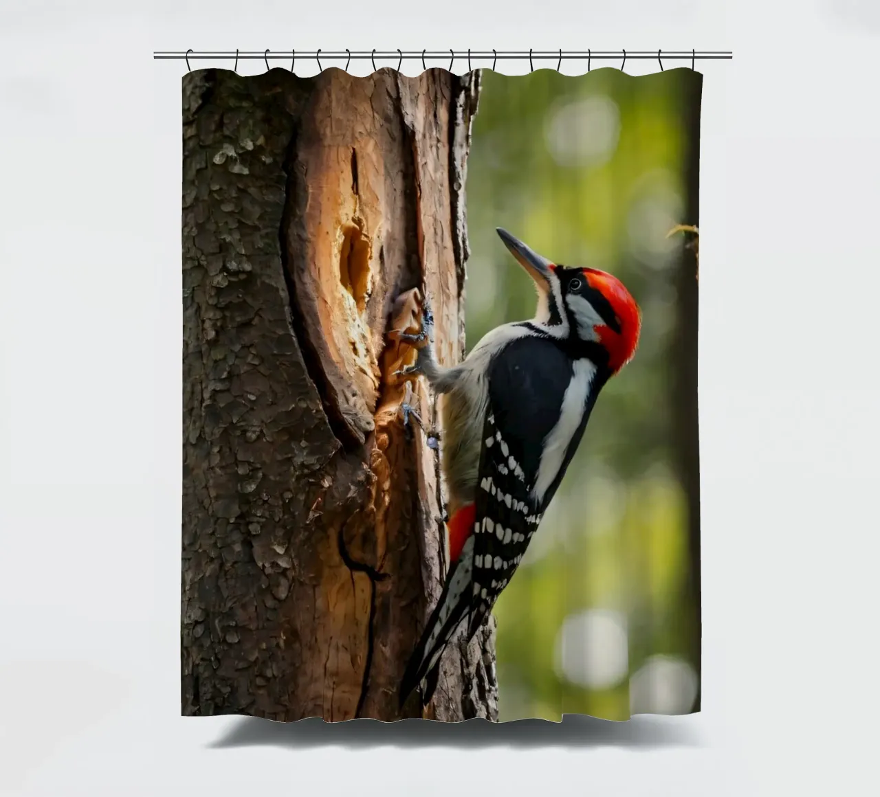 Picchio in cerca di cibo su un tronco d'albero in una foresta rigogliosa tenda da doccia da DesignDoodle