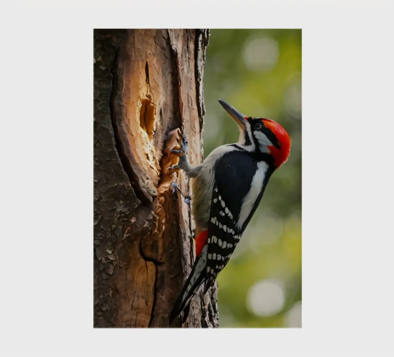 Picchio in cerca di cibo su un tronco d'albero in una foresta rigogliosa diario da DesignDoodle