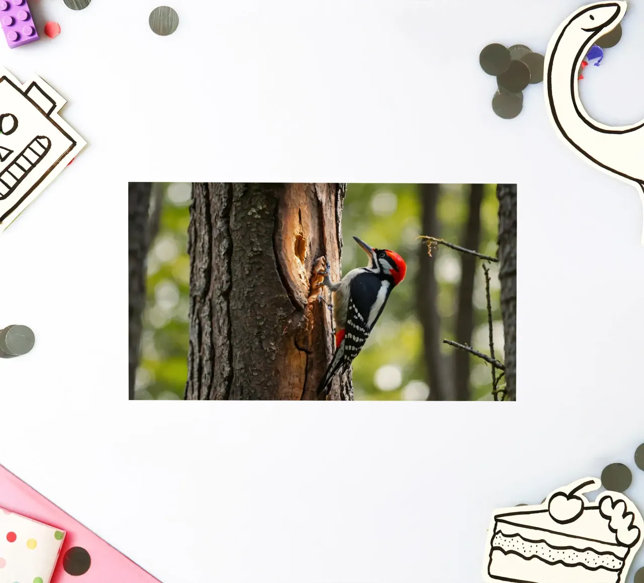 Picchio in cerca di cibo su un tronco d'albero in una foresta rigogliosa adesivo da DesignDoodle