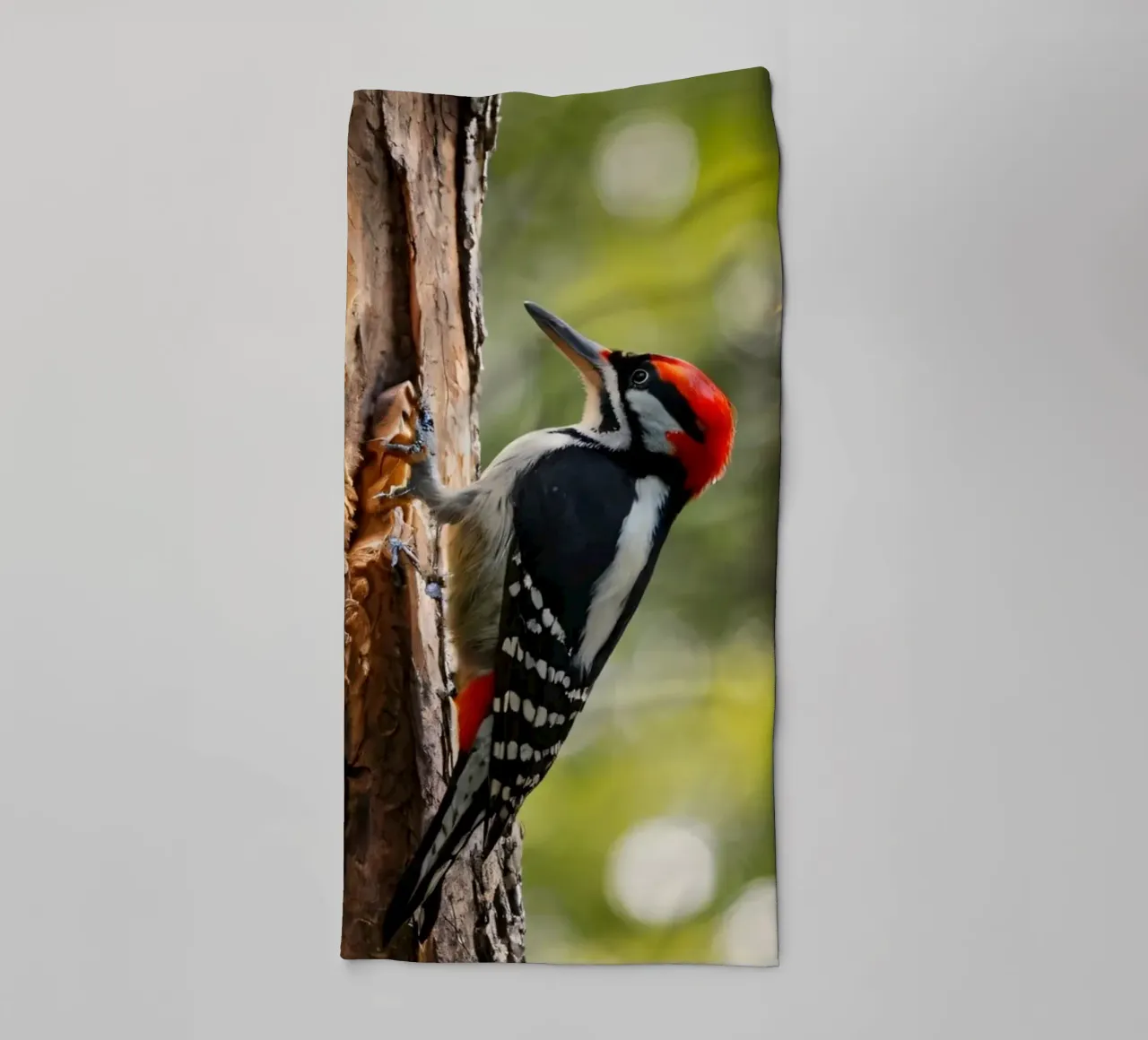 Picchio in cerca di cibo su un tronco d'albero in una foresta rigogliosa asciugamano da bagno da DesignDoodle