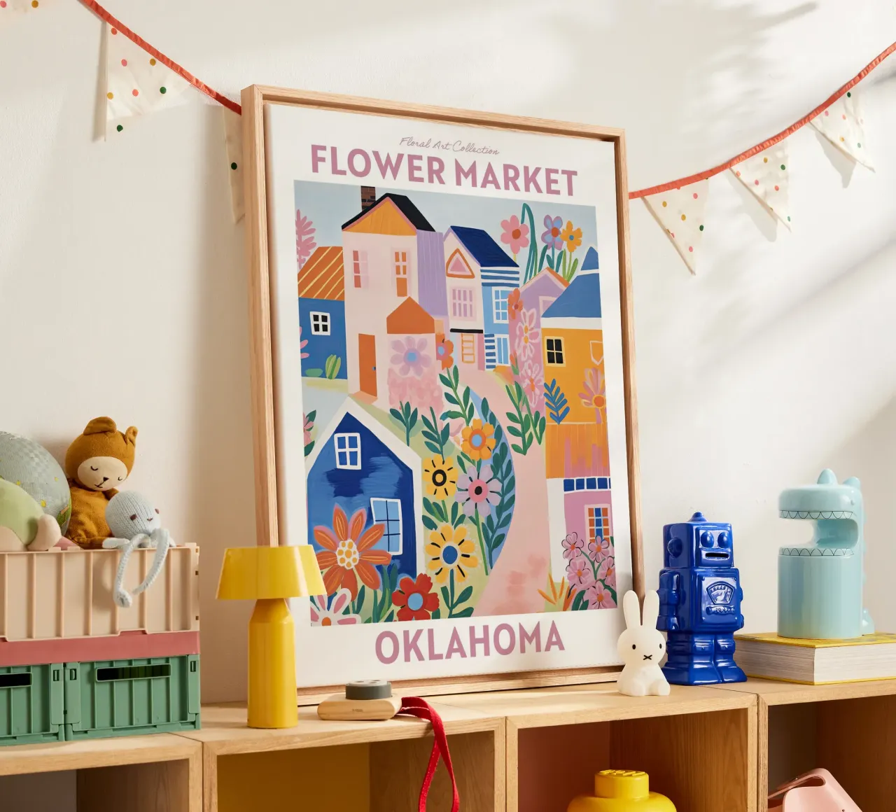 Mercado de las Flores, Oklahoma, EE.UU., Viaje Botánico lienzo con Marco flotante de Peaches Art Prints
