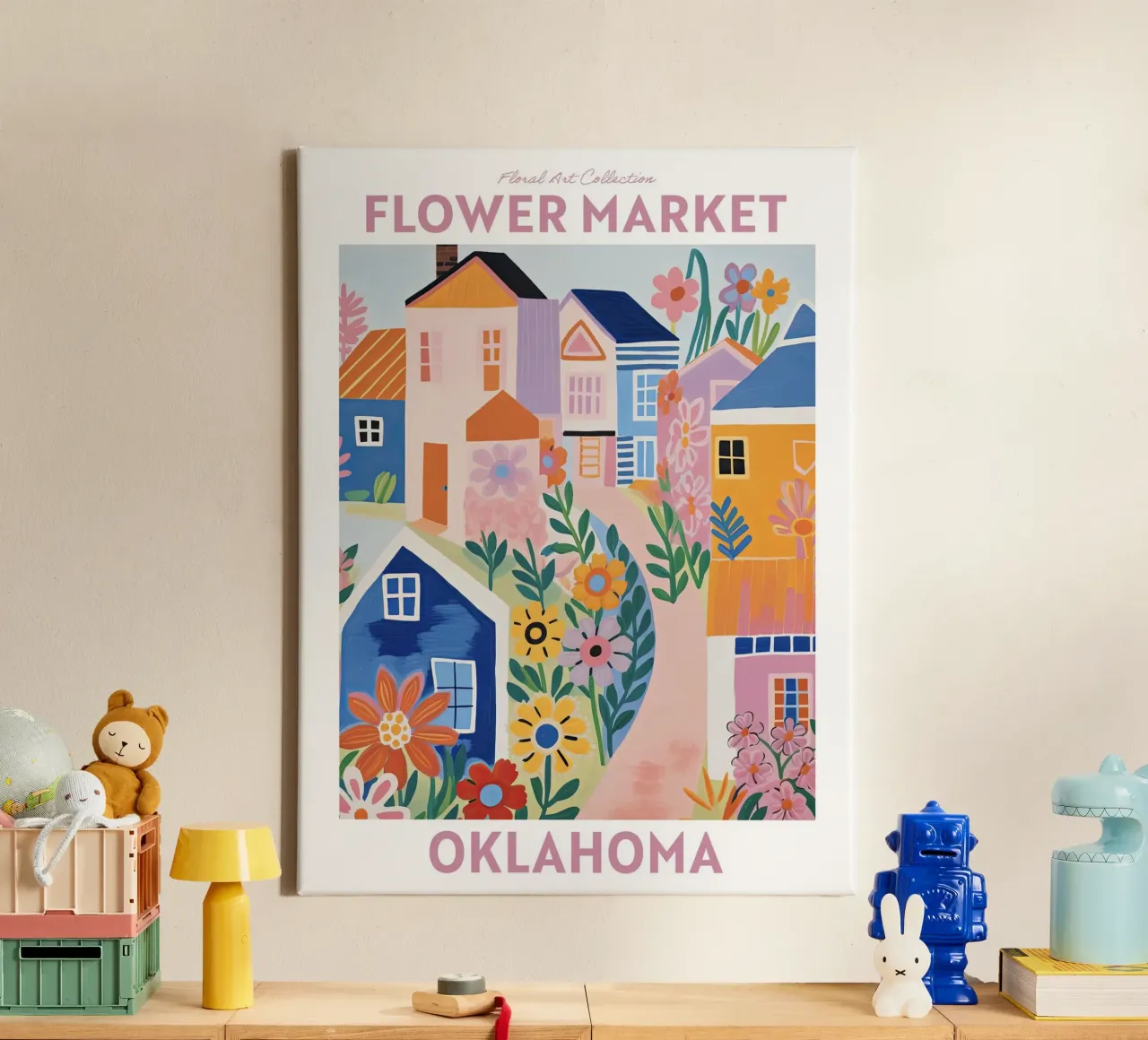 Mercado de las Flores, Oklahoma, EE.UU., Viaje Botánico lienzo con Marco flotante de Peaches Art Prints
