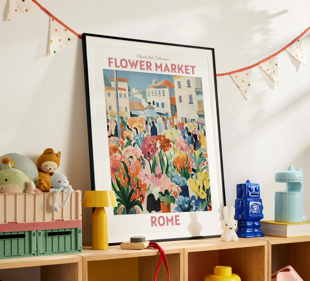 Mercato dei fiori, Italia Roma, Viaggio Botanico poster con telaio in legno da Peaches Art Prints