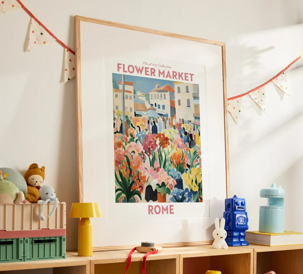 Mercato dei fiori, Italia Roma, Viaggio Botanico poster con telaio in legno da Peaches Art Prints