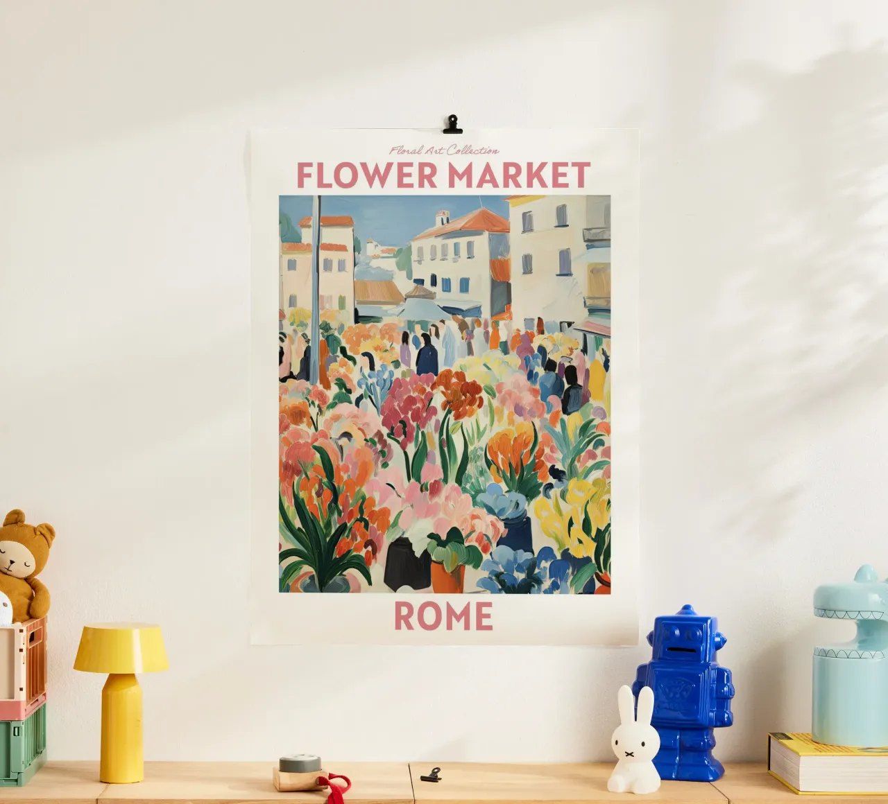 Mercato dei fiori, Italia Roma, Viaggio Botanico poster con telaio in legno da Peaches Art Prints