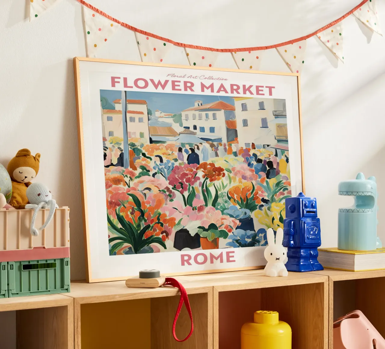 Mercato dei fiori, Italia Roma, Viaggio Botanico poster con telaio in legno da Peaches Art Prints