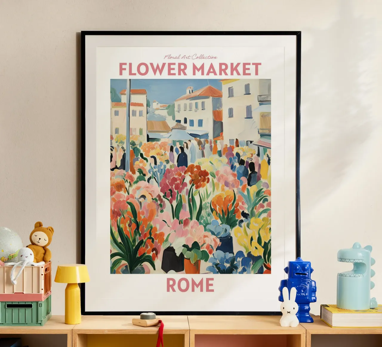 Mercato dei fiori, Italia Roma, Viaggio Botanico poster con telaio in legno da Peaches Art Prints