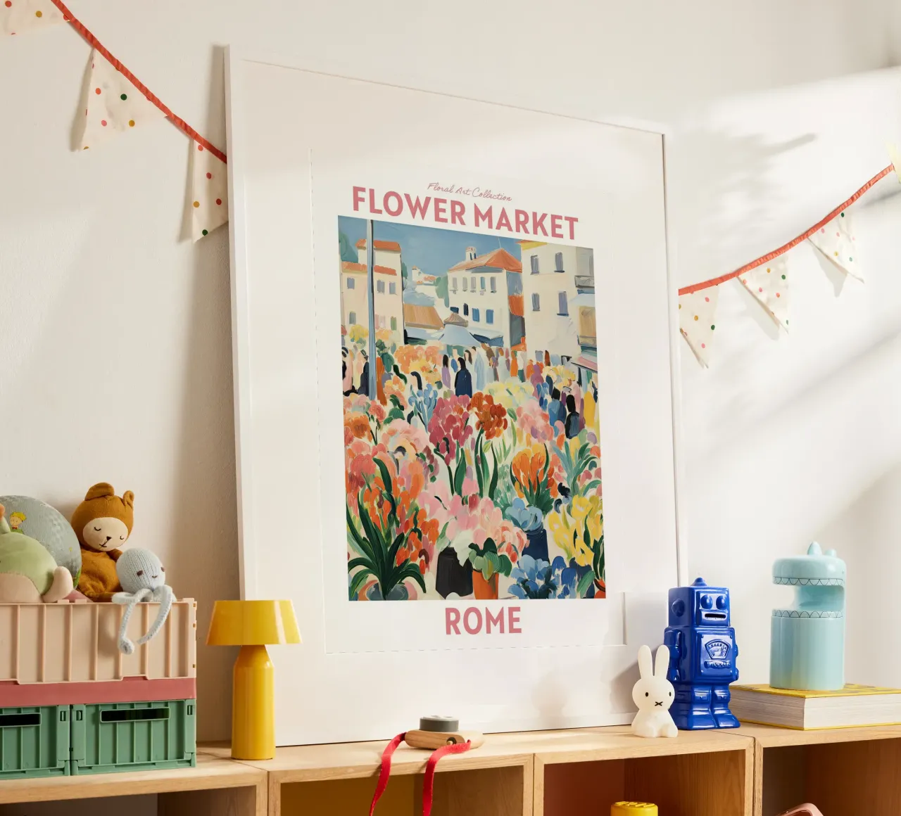 Mercato dei fiori, Italia Roma, Viaggio Botanico poster con telaio in legno da Peaches Art Prints