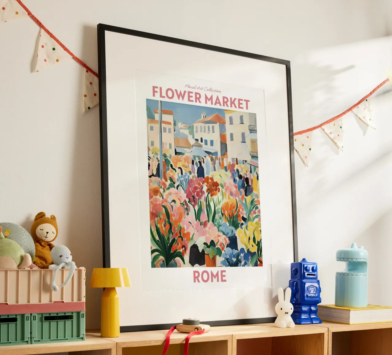 Mercato dei fiori, Italia Roma, Viaggio Botanico poster con telaio in legno da Peaches Art Prints