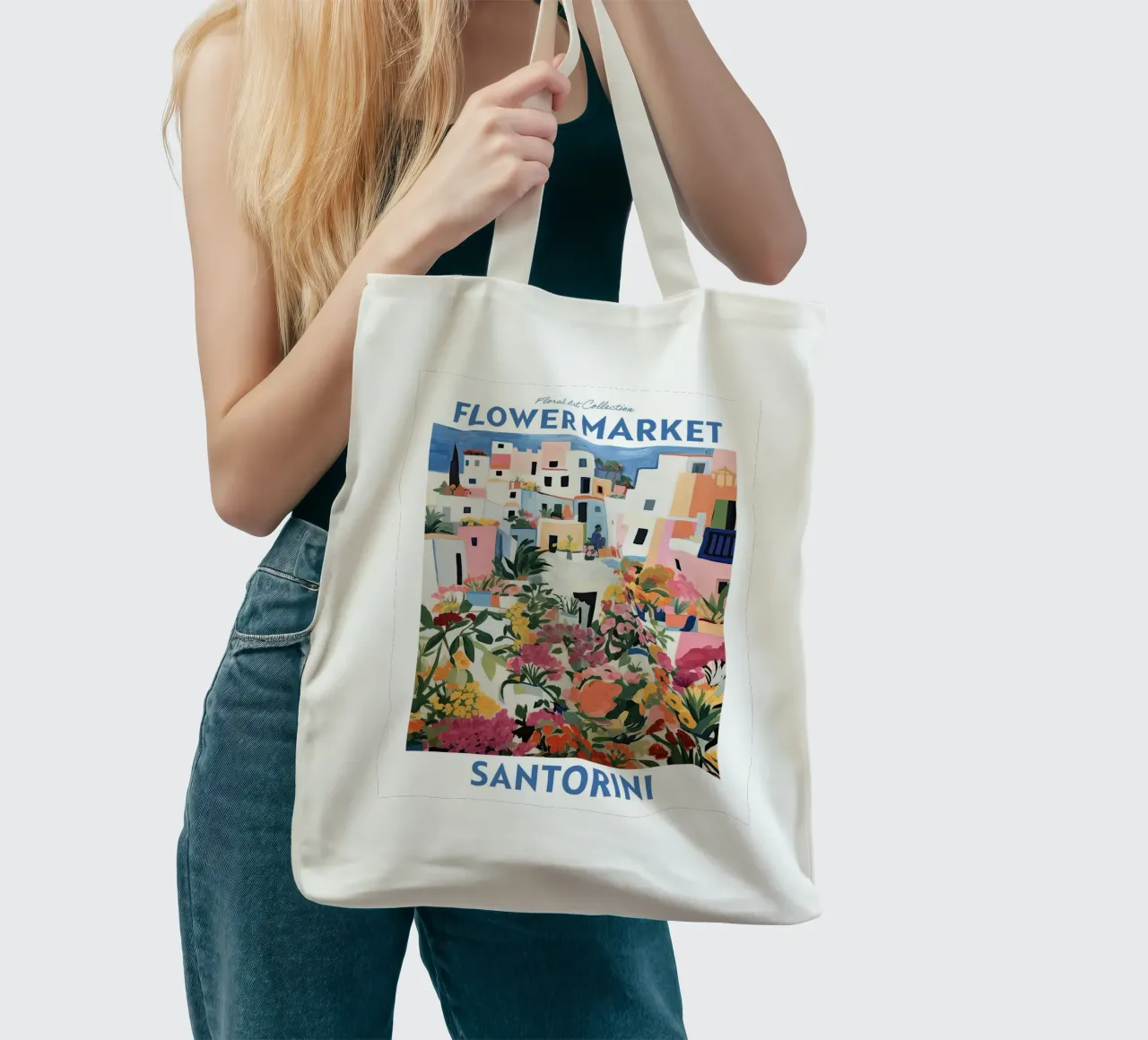 Mercato dei fiori, Santorini, Grecia Viaggio Botanico borsa in juta da Peaches Art Prints
