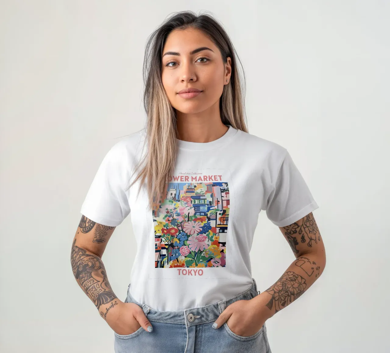 Mercato dei fiori, Tokyo, Giappone, fiori di ciliegio, viaggio botanico t-shirt da Peaches Art Prints