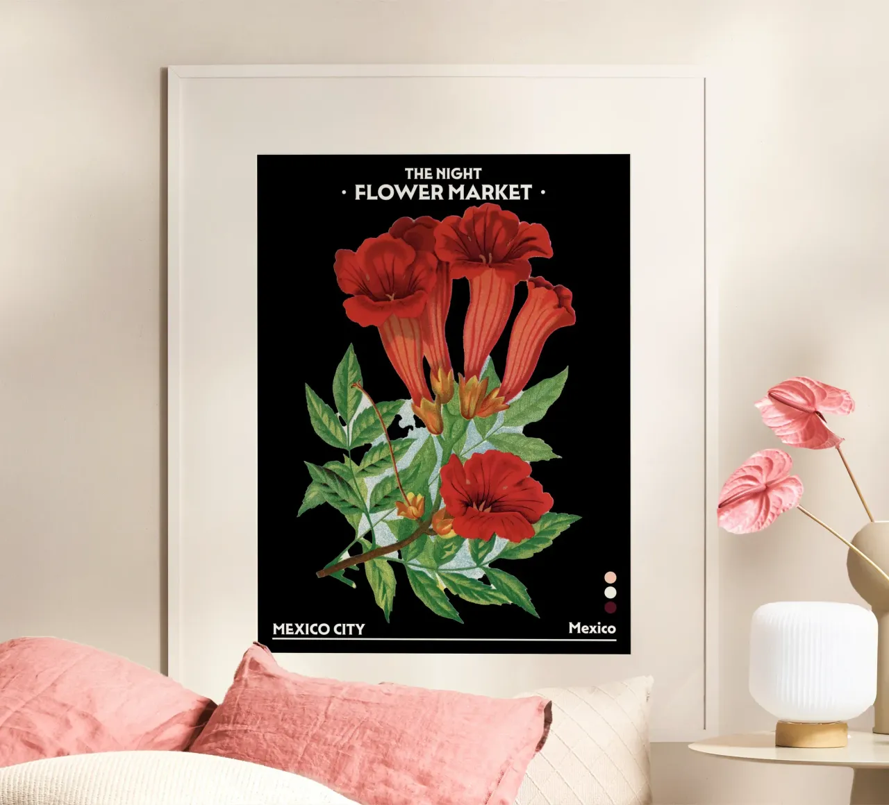 Mercato notturno dei fiori - Vintage Botanical, Città del Messico poster con telaio in alluminio da Peaches Art Prints