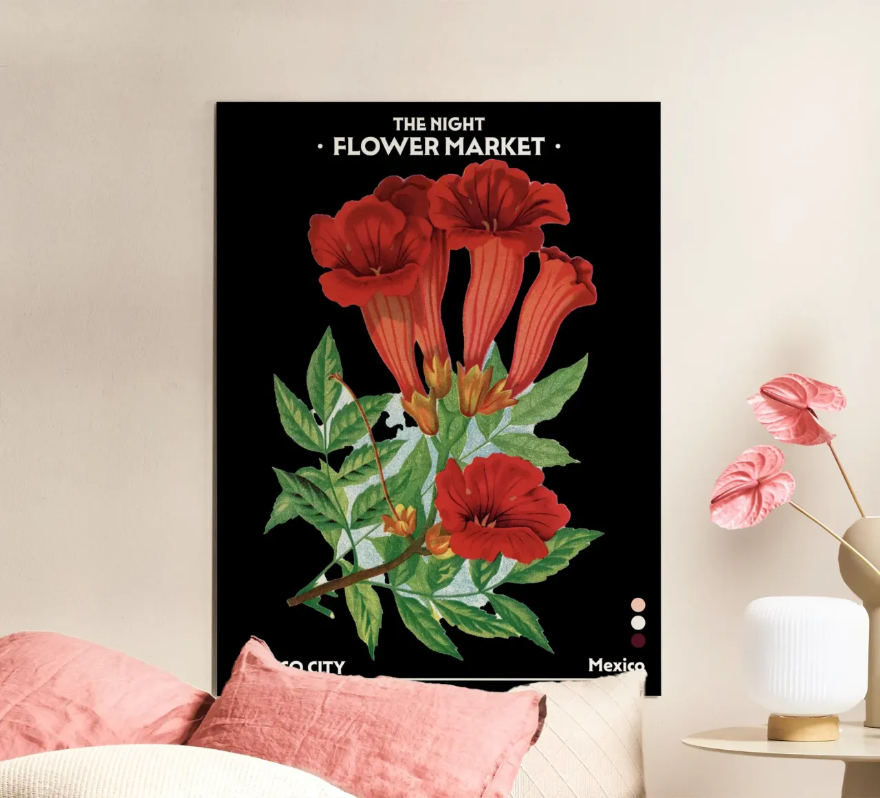 Mercato notturno dei fiori - Vintage Botanical, Città del Messico poster con telaio in alluminio da Peaches Art Prints