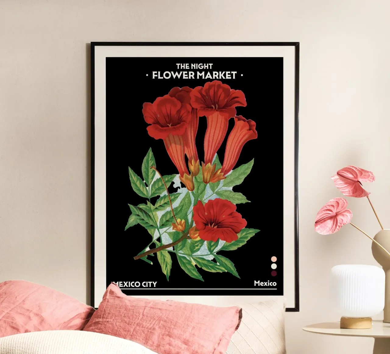Mercato notturno dei fiori - Vintage Botanical, Città del Messico poster con telaio in alluminio da Peaches Art Prints