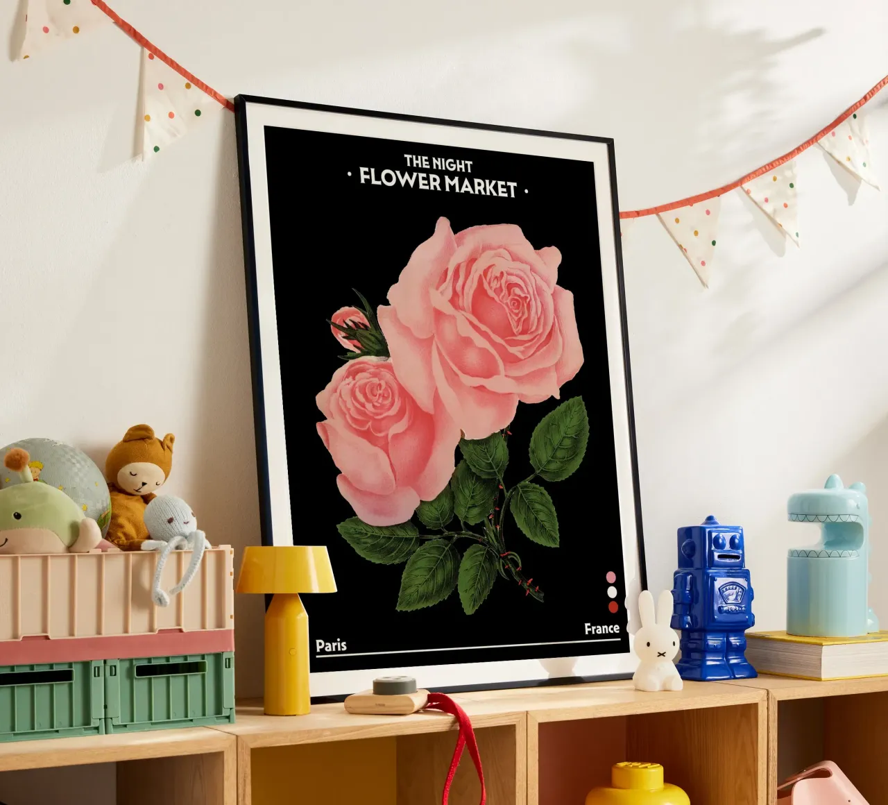 Mercato dei fiori notturno, Botanico d'epoca, Parigi, Francia, Rose poster da Peaches Art Prints