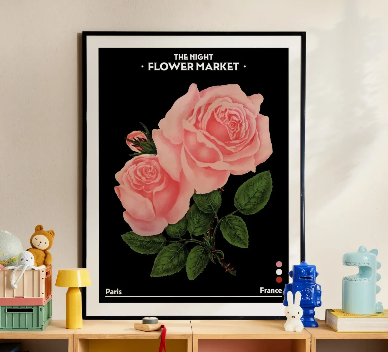 Mercato dei fiori notturno, Botanico d'epoca, Parigi, Francia, Rose poster da Peaches Art Prints