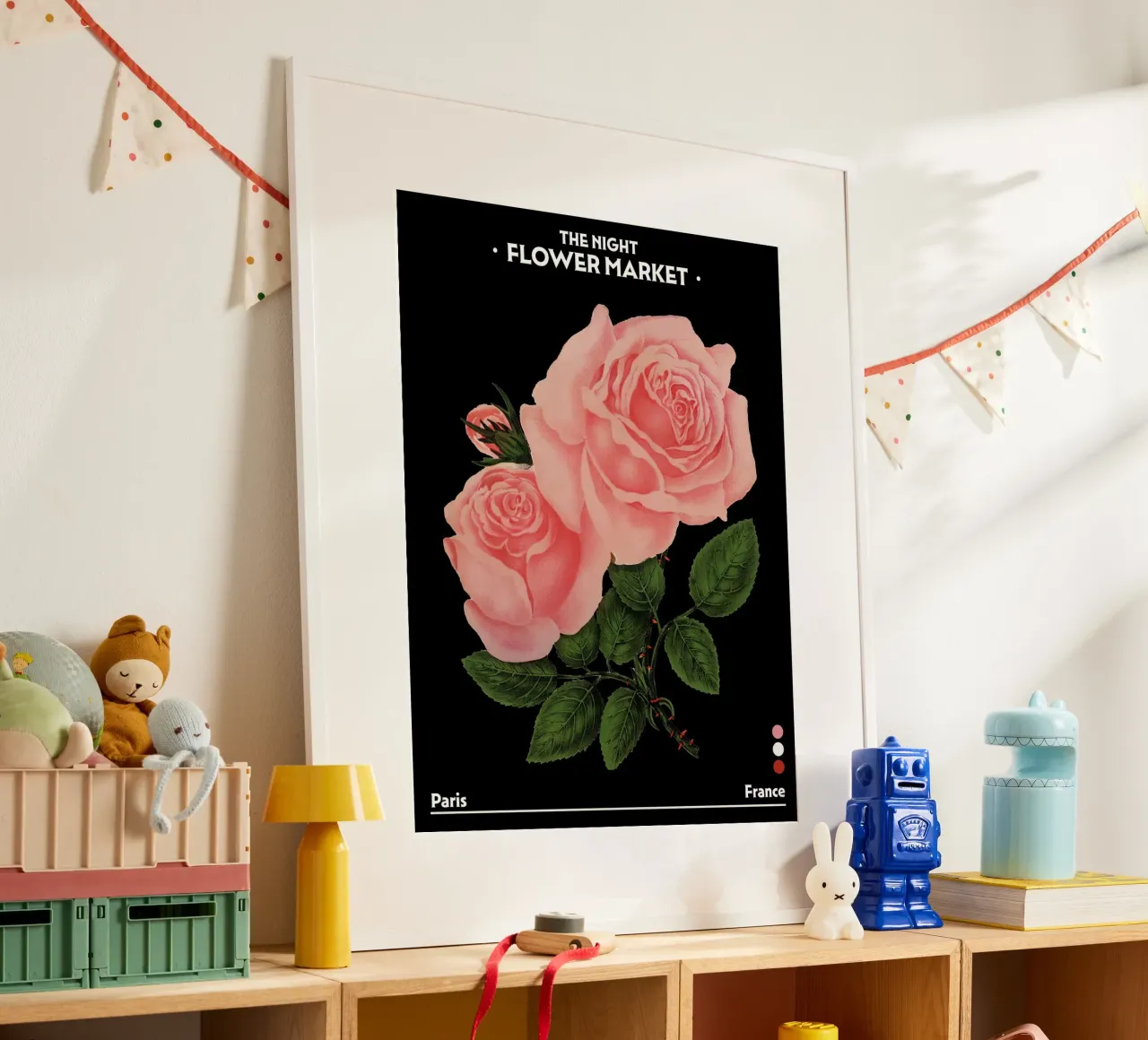 Mercato dei fiori notturno, Botanico d'epoca, Parigi, Francia, Rose poster da Peaches Art Prints