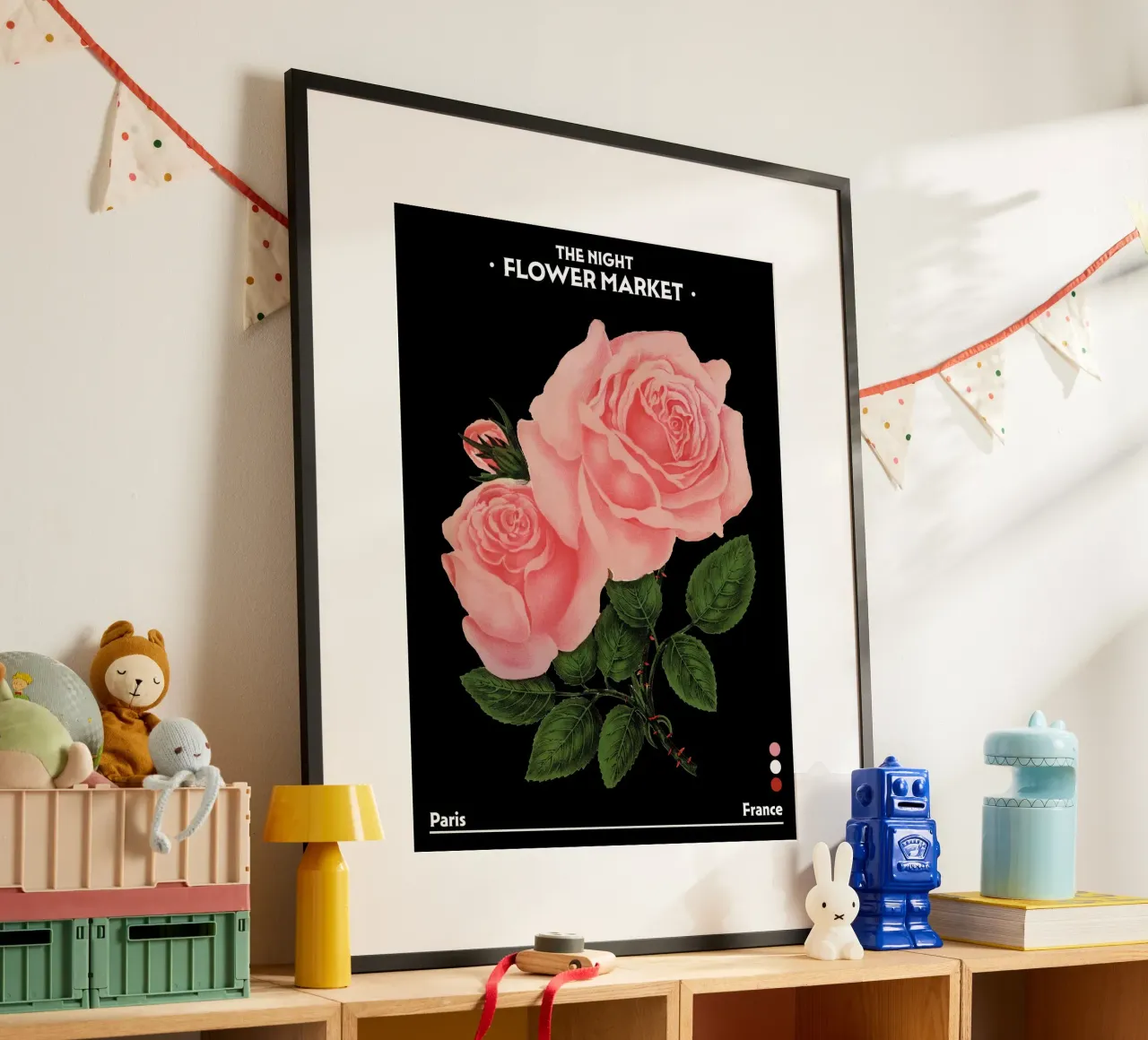 Mercato dei fiori notturno, Botanico d'epoca, Parigi, Francia, Rose poster da Peaches Art Prints