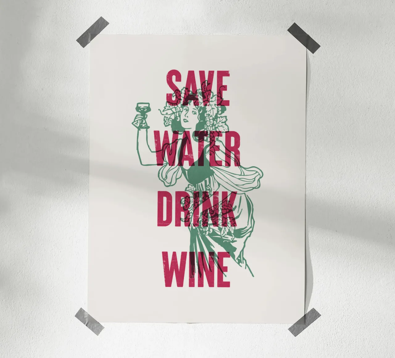 Risparmiare acqua bere vino poster con telaio in legno da Vintagrafica