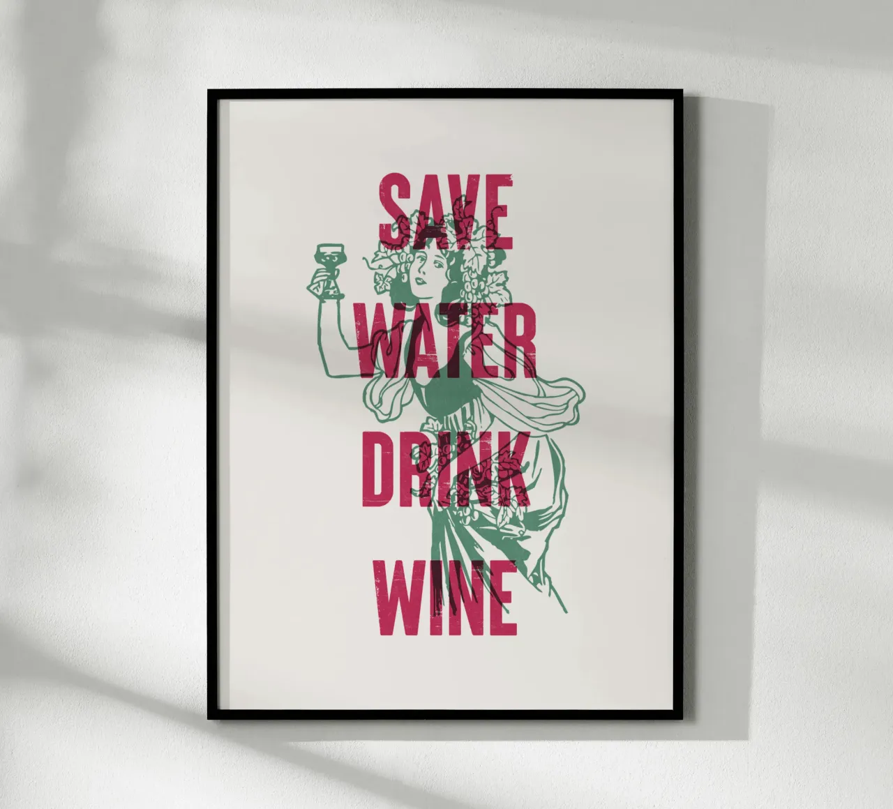 Risparmiare acqua bere vino poster con telaio in legno da Vintagrafica
