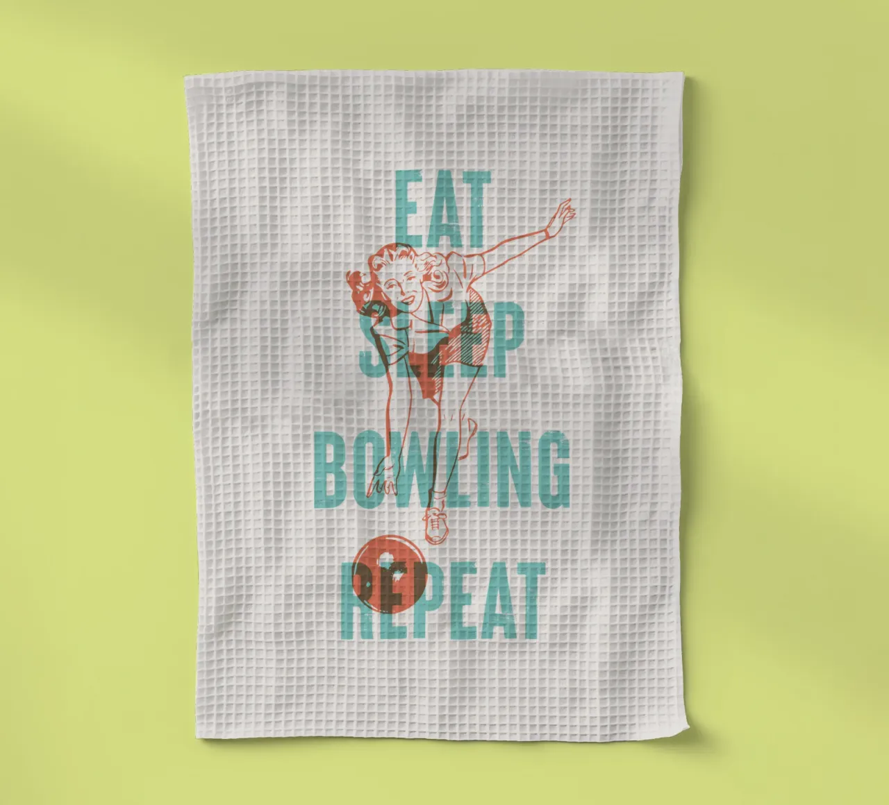 Mangiare dormire giocare a bowling ripetere canovaccio da cucina da Vintagrafica