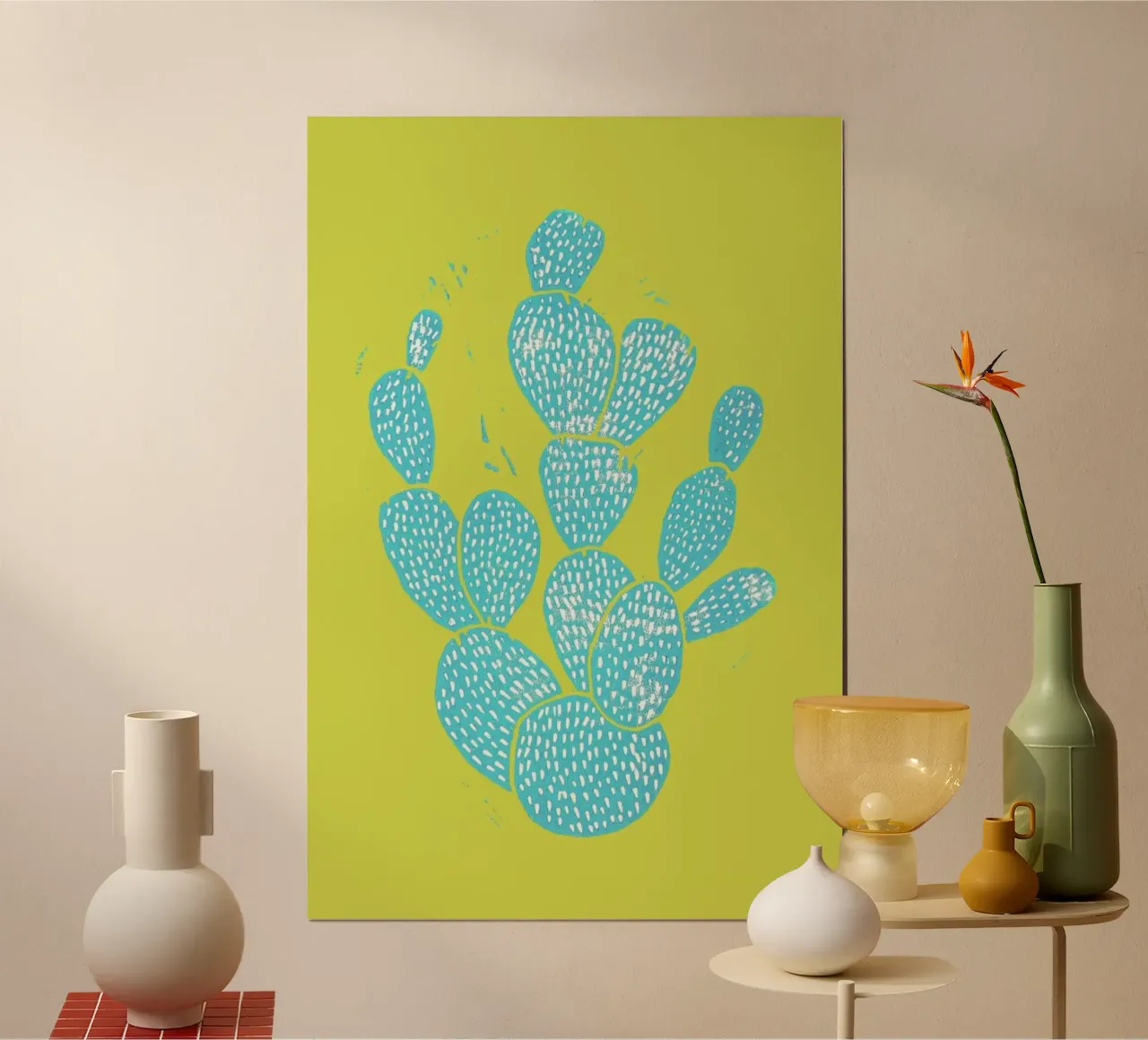 Linocut Cacti Desert Blue carta hahnemühle da Bianca Green