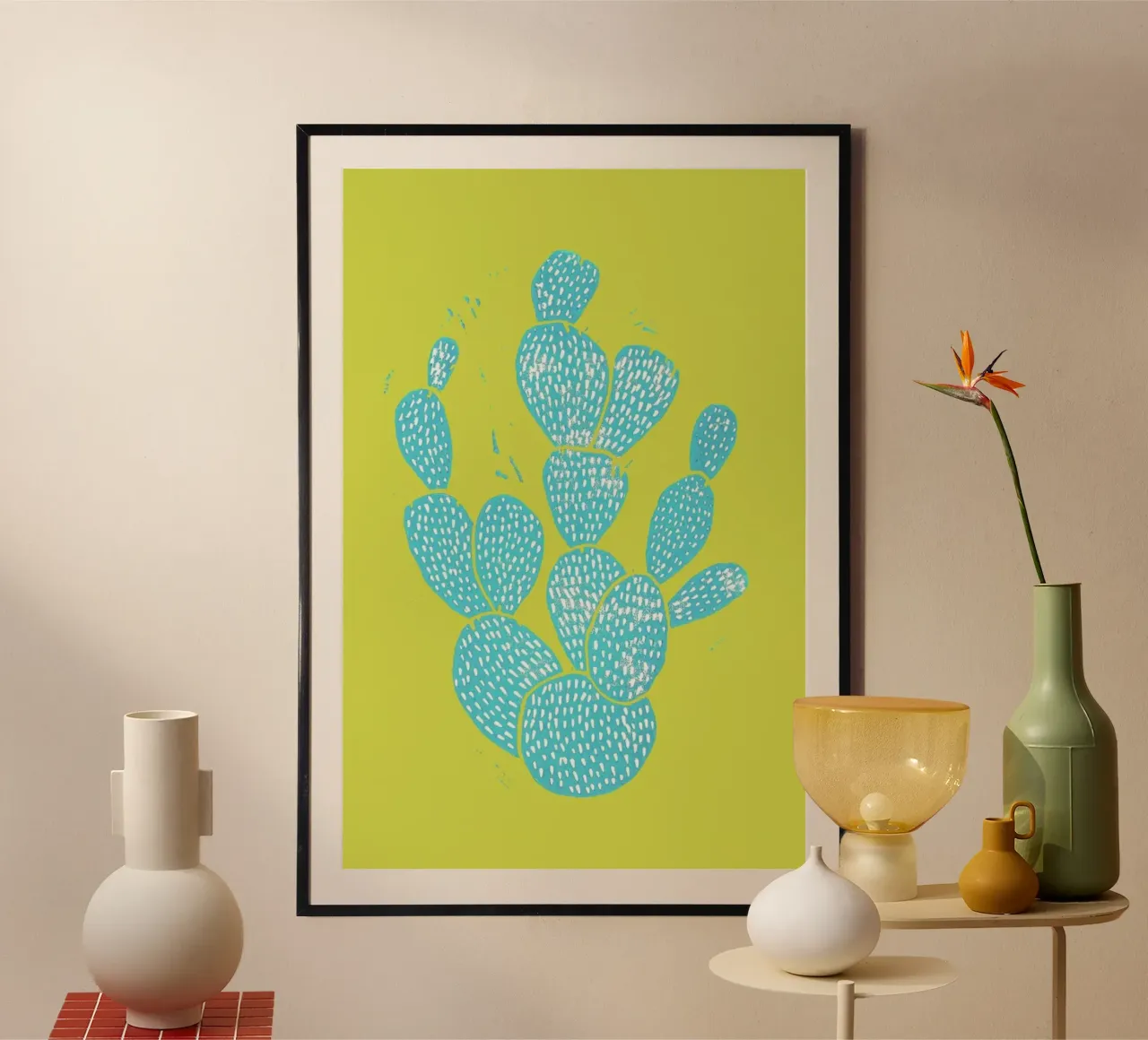 Linocut Cacti Desert Blue carta hahnemühle da Bianca Green