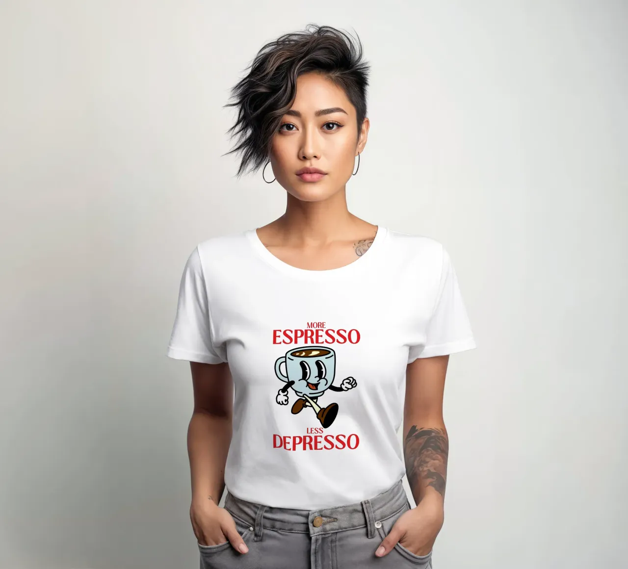 Mehr Espresso, weniger Depresso, Retro-Kaffee-Cartoon Frauen T-Shirt von Peaches Art Prints