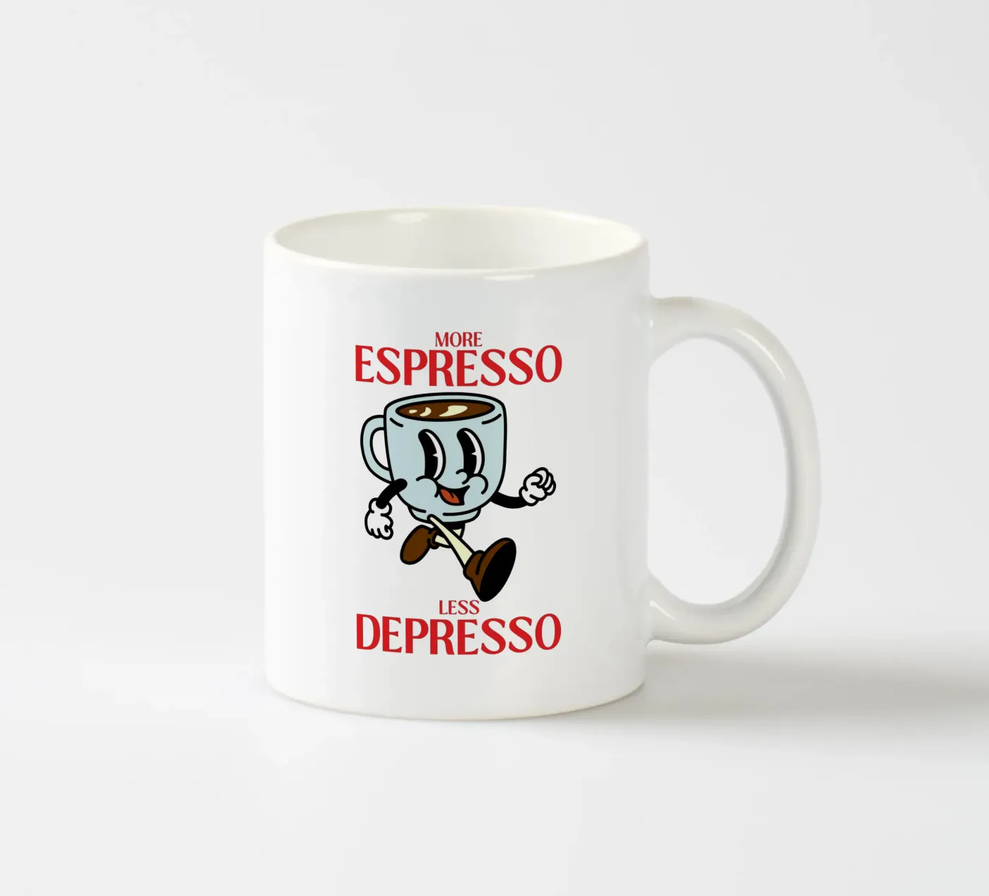 Mehr Espresso, weniger Depresso, Retro-Kaffee-Cartoon Keramik Tasse von Peaches Art Prints