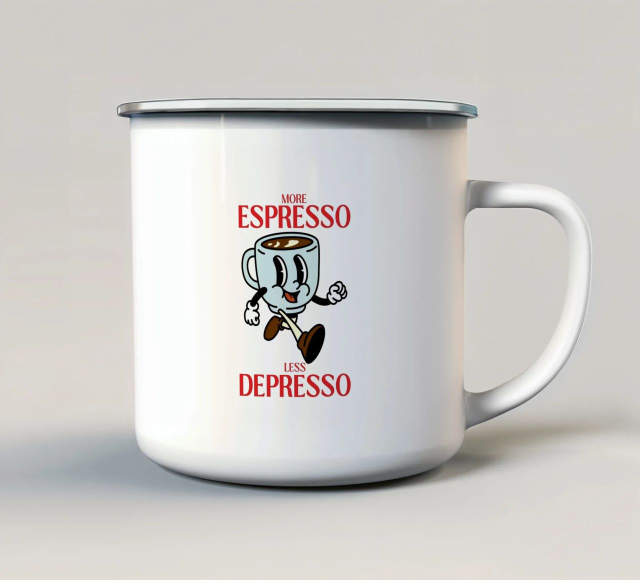 More Espresso, Less Depresso, Retro Coffee Cartoon tazza in smalto da Peaches Art Prints