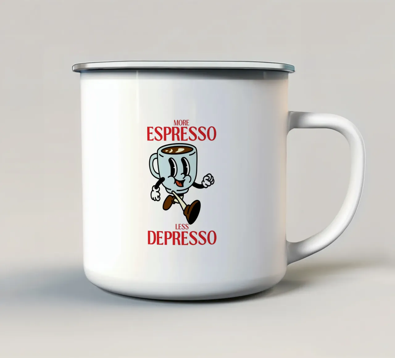 More Espresso, Less Depresso, Retro Coffee Cartoon tazza in smalto da Peaches Art Prints