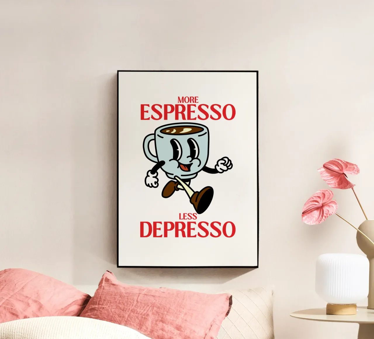 Más espresso, menos depresso, caricatura de café retro metacrilato de Peaches Art Prints