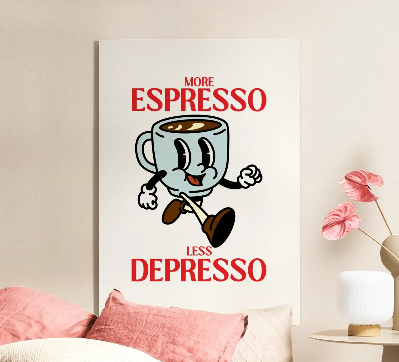 Más espresso, menos depresso, caricatura de café retro metacrilato de Peaches Art Prints