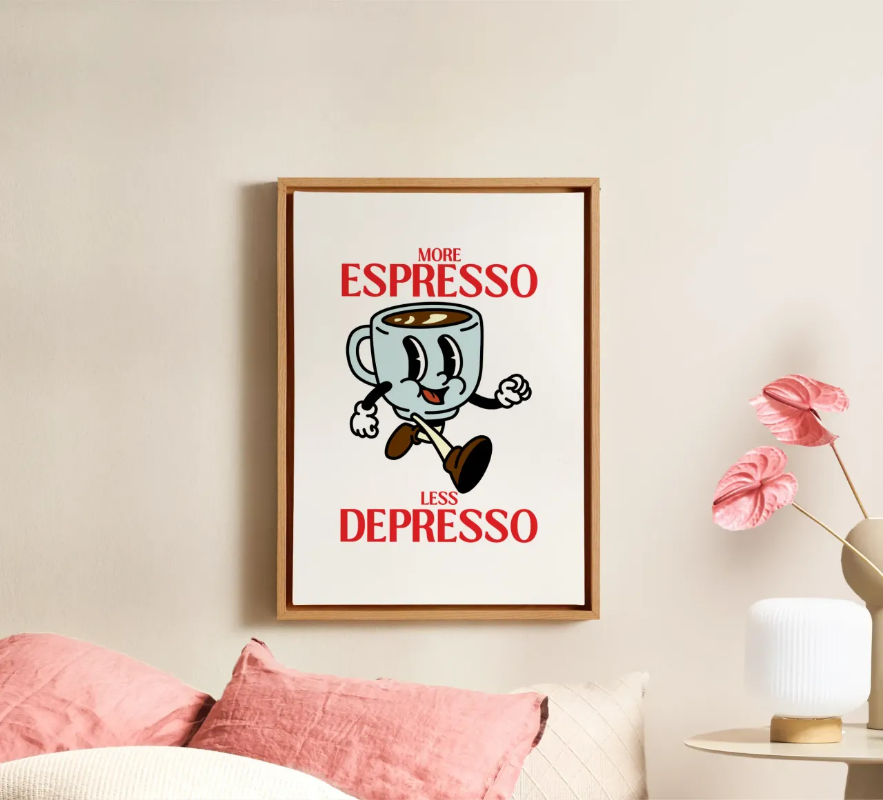 Plus d'espresso, moins de dépresso, caricature de café rétro toile de Peaches Art Prints