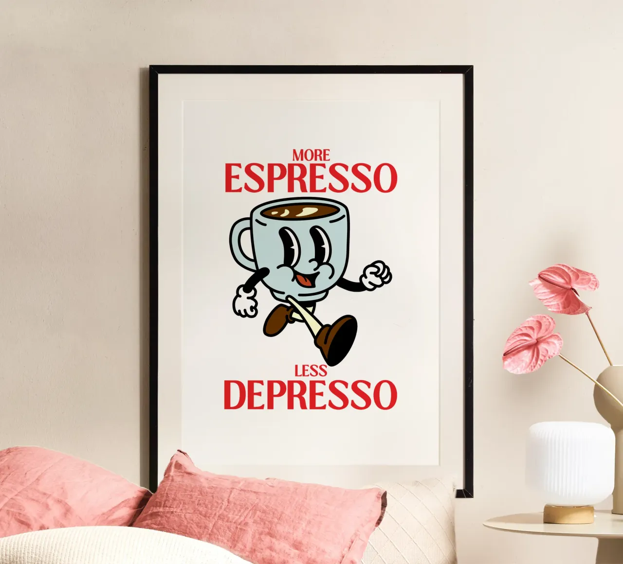 Meer Espresso, Minder Depresso, Retro Coffee Cartoon hahnemühle van Peaches Art Prints