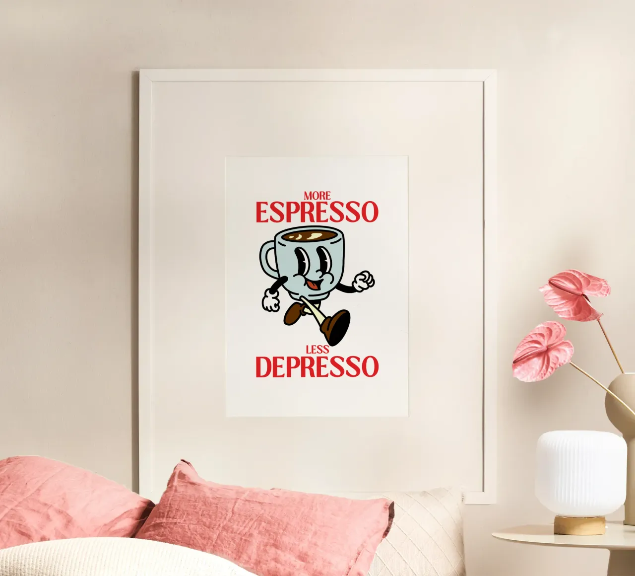 Meer Espresso, Minder Depresso, Retro Coffee Cartoon hahnemühle van Peaches Art Prints