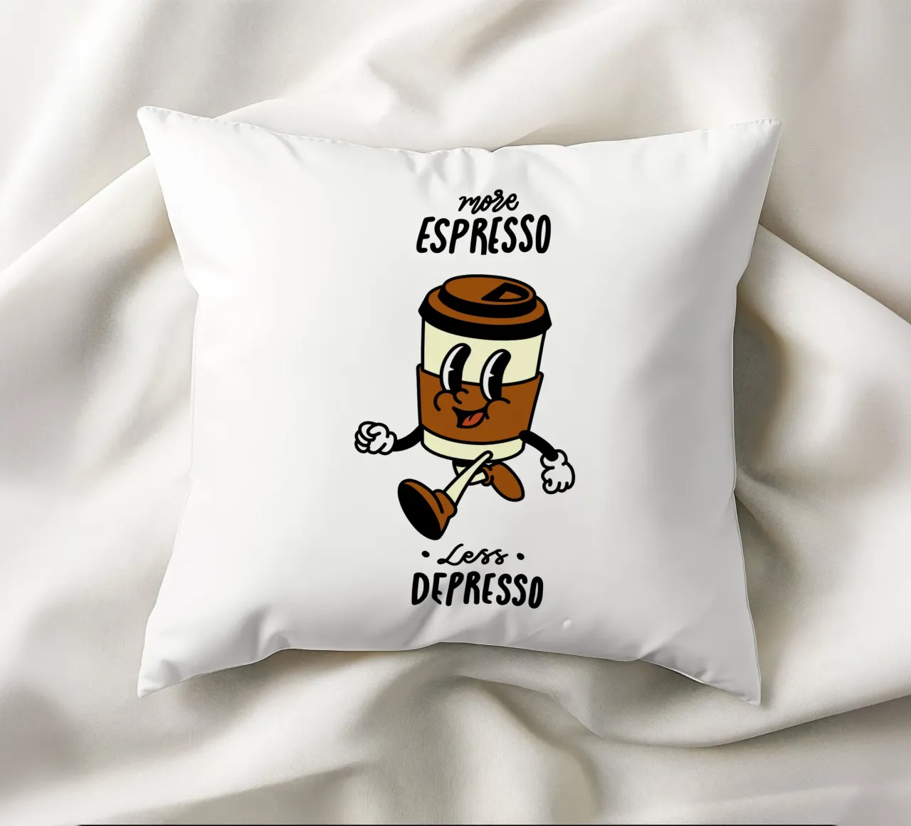 More Espresso, Less Depresso, Retro Take Away Coffee Cartoon cuscino da Peaches Art Prints