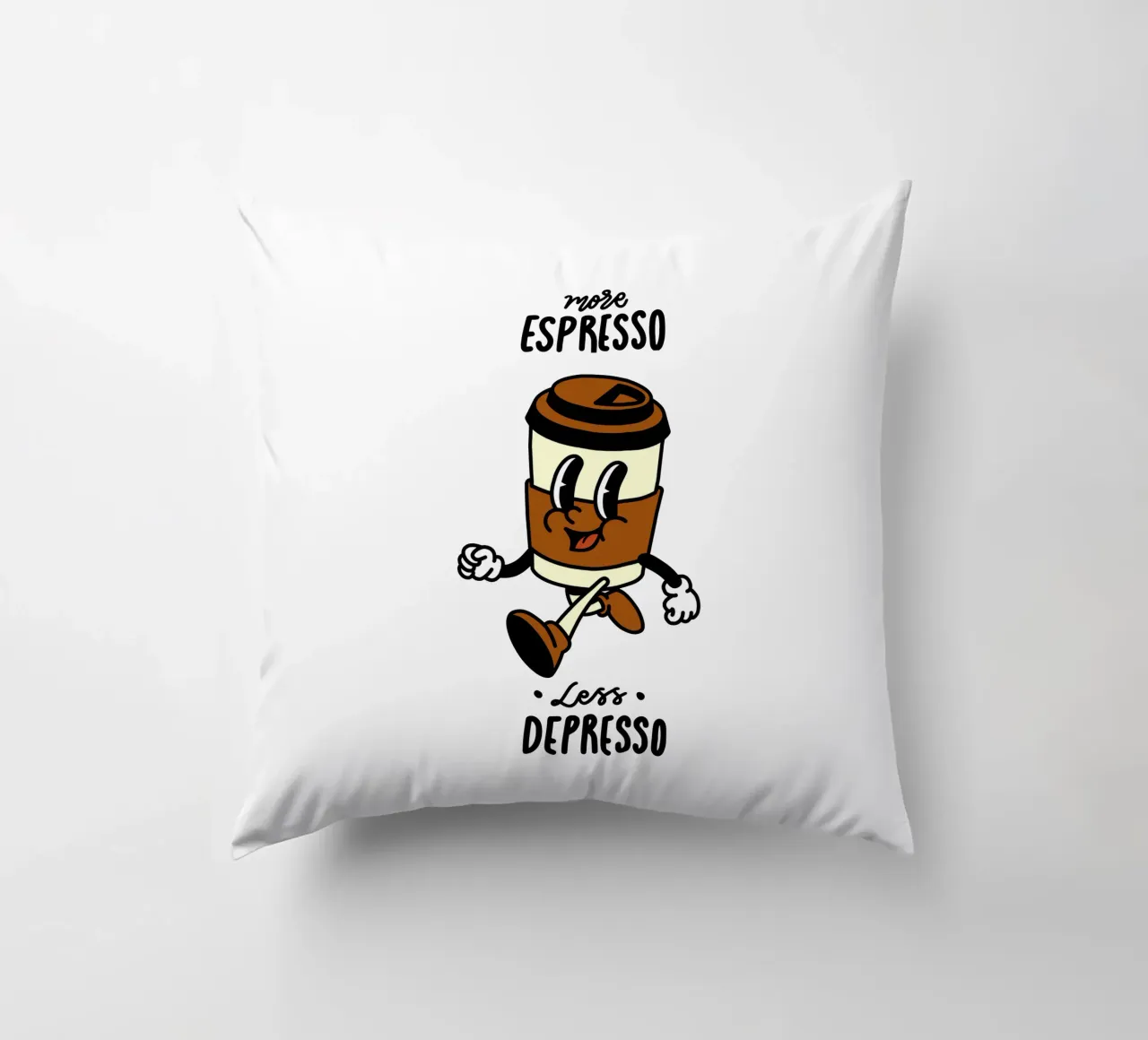 More Espresso, Less Depresso, Retro Take Away Coffee Cartoon cuscino da Peaches Art Prints