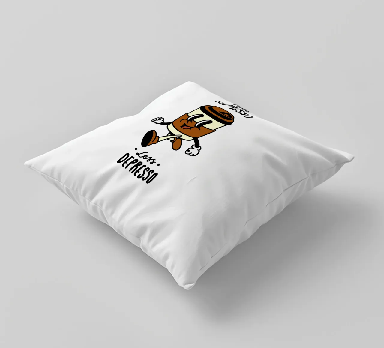 More Espresso, Less Depresso, Retro Take Away Coffee Cartoon cuscino da Peaches Art Prints