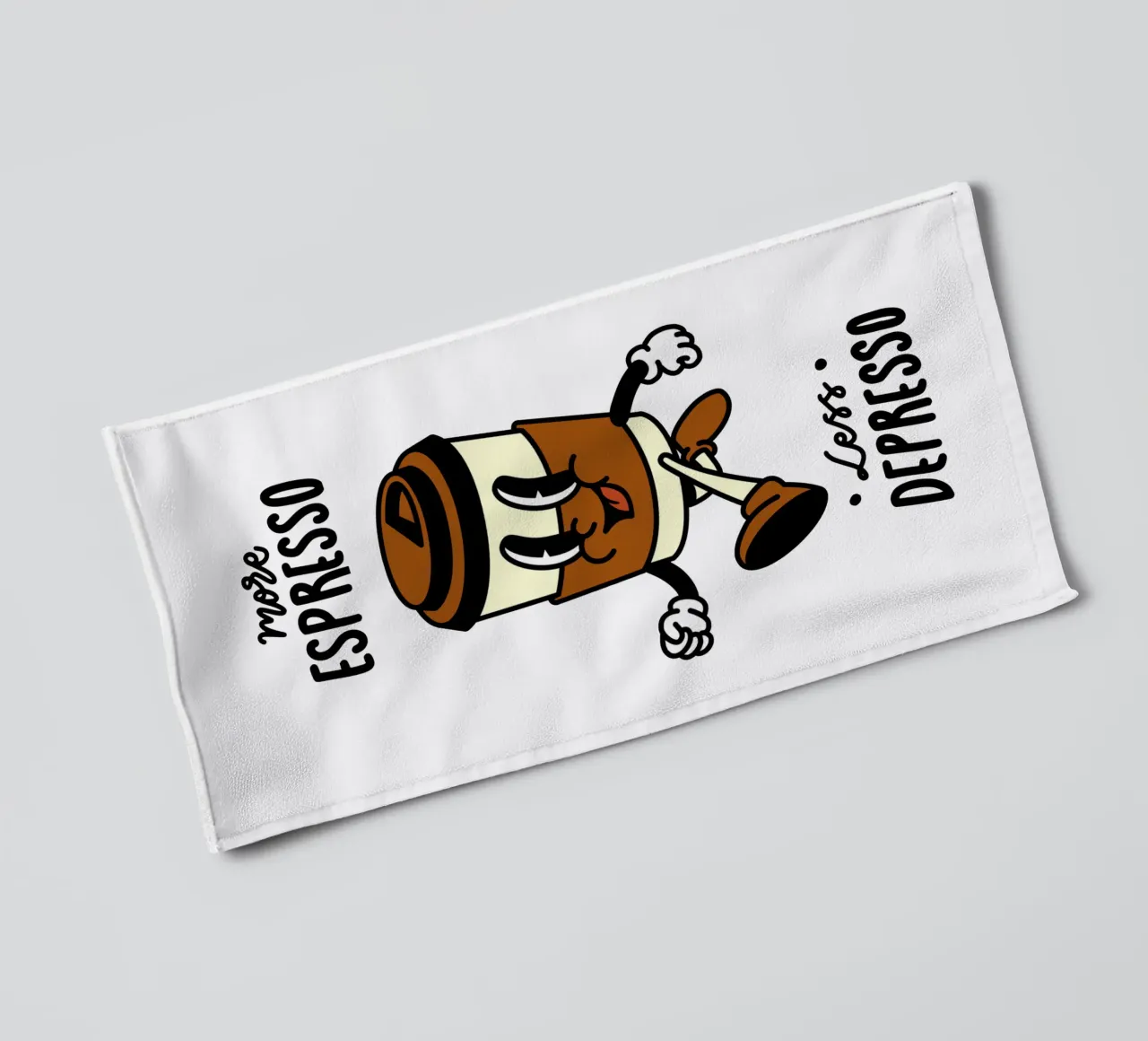 Mehr Espresso, weniger Depresso, Retro-Kaffee zum Mitnehmen Cartoon Handtuch von Peaches Art Prints