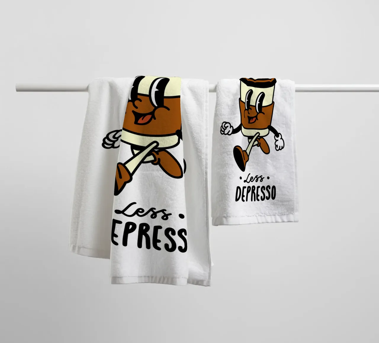 Mehr Espresso, weniger Depresso, Retro-Kaffee zum Mitnehmen Cartoon Handtuch von Peaches Art Prints