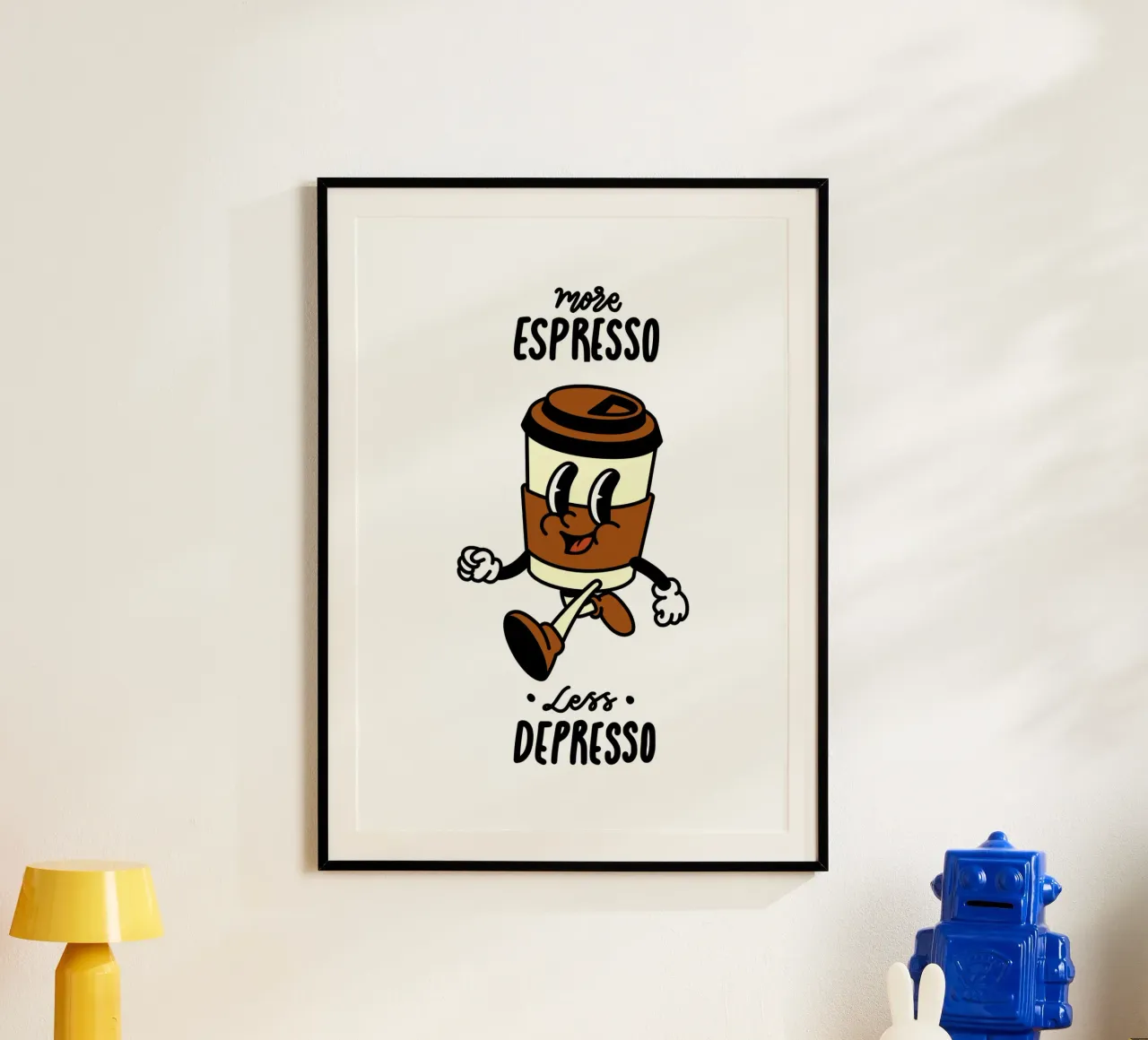 Mehr Espresso, weniger Depresso, Retro-Kaffee zum Mitnehmen Cartoon Hahnemühle von Peaches Art Prints